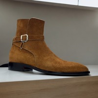 Men's Ankle High Bespoke Brown Suede Boot, Stylish Monk Strap Boot - Thumbnail 1