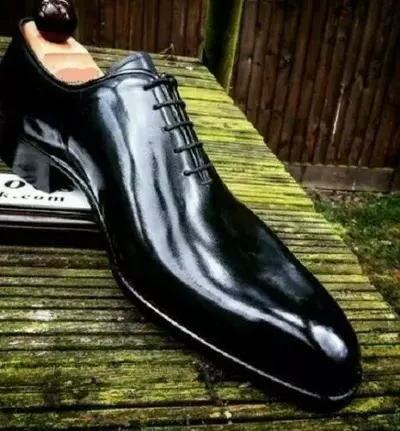 Handmade Men's Shoes Shiny Black Leather Oxford Plain Rounded Burnished Toe Boot