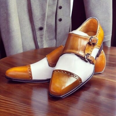 Hot sale men's hand stitch two tone cap toe style monk shoes