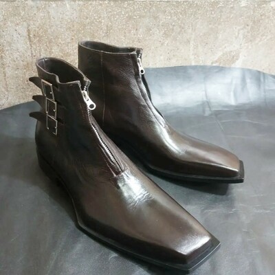Crafted leather bespoke dress shoes dark brown leather triple monk buckle strap zipper jodhpur boot