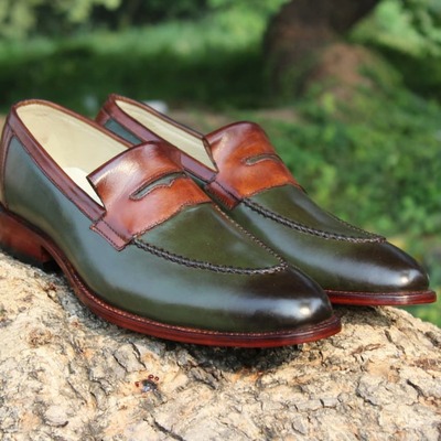 Crafted Leather Classic Green Leather Moccasin Loafers Dress Shoes