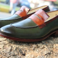 Crafted Leather Classic Green Leather Moccasin Loafers Dress Shoes - Thumbnail 3