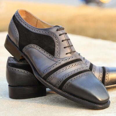 Crafted leather unique and classic gray blue suede leather dress shoes  - Thumbnail 4