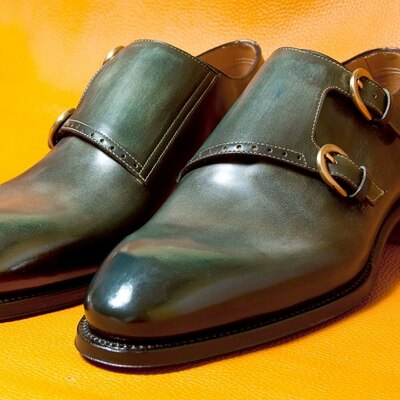 Men's hand stitch patina green shoes,genuine double monk formal shoes