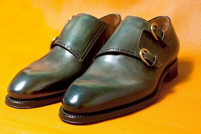 Men's Hand Stitch Patina Green Shoes,Genuine Double Monk Formal Shoes