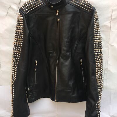 Crafted leather men classic silver studded punk rock black leather jacket  - Thumbnail 4
