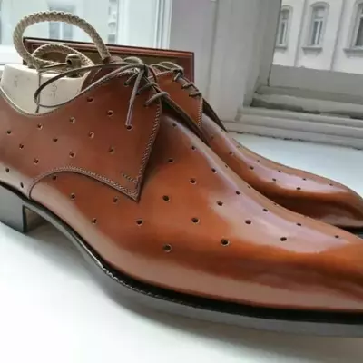 Handmade men's tan leather lace up chiseled toe derby dress formal shoes