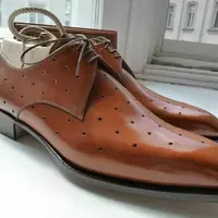 Handmade Men's Tan Leather Lace Up Chiseled Toe Derby Dress Formal Shoes - Thumbnail 1