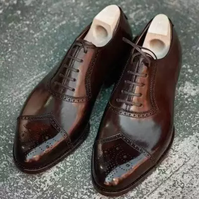 New handmade men's brown brogue leather oxford round toe dress formal shoes
