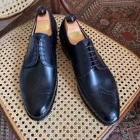 Handmade Men's Black Leather Derby Wingtip Lace up Dress Formal Shoes for Men - Thumbnail 1