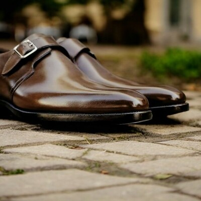 Classic men's brown single monk strap genuine leather  office shoes - Thumbnail 2