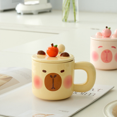 Cute capybara ceramic milk mug with peach lid 