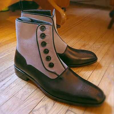 Gray Suede Black Leather Dress Boots for Men's Button Strap Ankle Boots