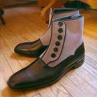 Gray Suede Black Leather Dress Boots for Men's Button Strap Ankle Boots - Thumbnail 1