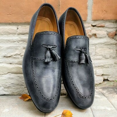 Handmade Grey Tassels Loafers Dress Moccasin Formal Shoes