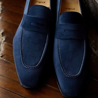 Handmade premium navy blue suede genuine leather penny loafers office wear shoes