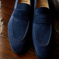 Handmade Premium Navy Blue Suede Genuine Leather Penny Loafers Office Wear Shoes - Thumbnail 1