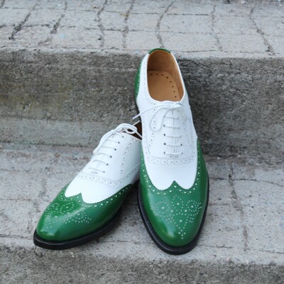 Crafted leather classic green white leather wingtip oxford lace up dress shoes - Thumbnail 3