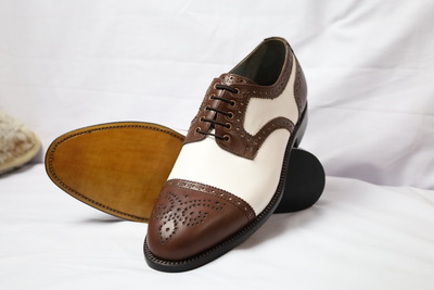 Crafted Leather Classic Brown White Leather Oxford Lace up Dress Shoes