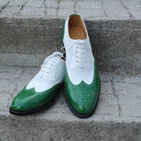 Crafted Leather Classic Green White Leather Wingtip Oxford Lace up Dress Shoes - Thumbnail 4