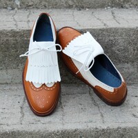 Crafted Leather Classic Tan White Leather Wingtip Fringes Oxford Lace up Dress Shoes - Thumbnail 1