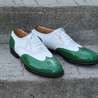 Crafted Leather Classic Green White Leather Wingtip Oxford Lace up Dress Shoes - Thumbnail 5