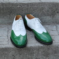 Crafted Leather Classic Green White Leather Wingtip Oxford Lace up Dress Shoes - Thumbnail 6