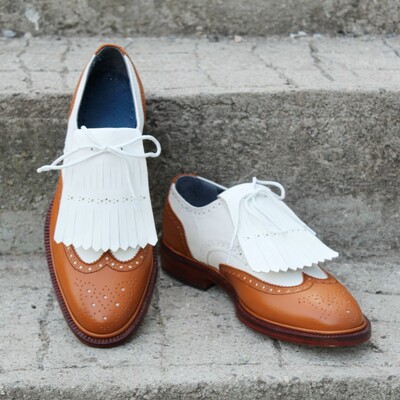 Crafted leather classic tan white leather wingtip fringes oxford lace up dress shoes - Thumbnail 4