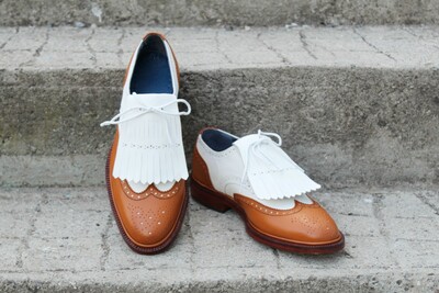 Crafted Leather Classic Tan White Leather Wingtip Fringes Oxford Lace up Dress Shoes