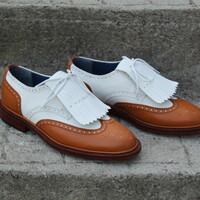 Crafted Leather Classic Tan White Leather Wingtip Fringes Oxford Lace up Dress Shoes - Thumbnail 4