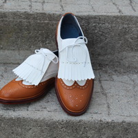 Crafted Leather Classic Tan White Leather Wingtip Fringes Oxford Lace up Dress Shoes - Thumbnail 2
