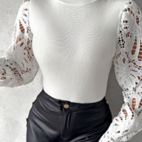 Solid Color Lace Long Sleeve Splicing Tops - Thumbnail 2