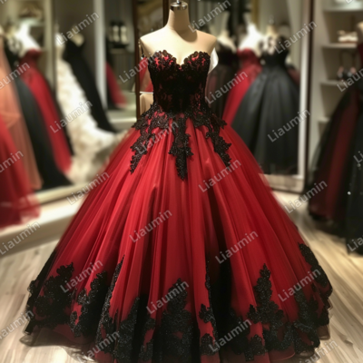 Red and black lace applique strapless full length tull prom dress evening dress custom hand made j4-1.1 - Thumbnail 3