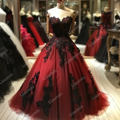 Red and black lace applique strapless full length tull prom dress evening dress custom hand made j4-1.2