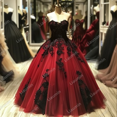 Red and black lace applique strapless full length tull prom dress evening dress custom hand made j4-1.3 - Thumbnail 2