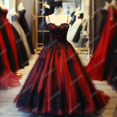 Red and Black Lace Applique Strapless Full Length Tull Prom Dress Evening Dress Custom Hand Made J4-1.4
