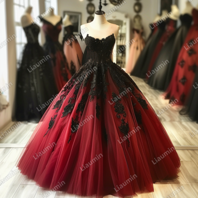 Red and black lace applique strapless full length tull prom dress evening dress custom hand made j4-1.5 - Thumbnail 2
