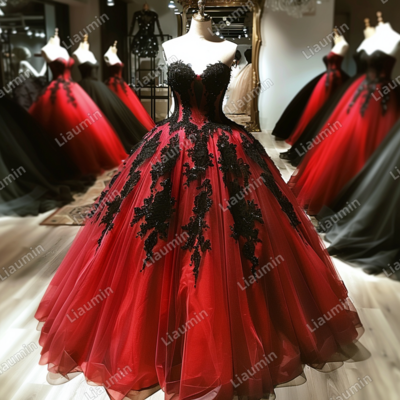 Red and Black Lace Applique Strapless Full Length Tull Prom Dress Evening Dress Custom Hand Made J4-1.6