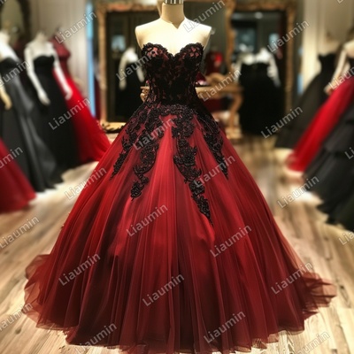 Red and Black Lace Applique Strapless Full Length Tull Prom Dress Evening Dress Custom Hand Made J4-1.8