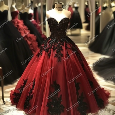Red and Black Lace Applique Strapless Full Length Tull Prom Dress Evening Dress Custom Hand Made J4-1.9
