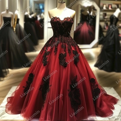 Red and Black Lace Applique Strapless Full Length Tull Prom Dress Evening Dress Custom Hand Made J4-1.10
