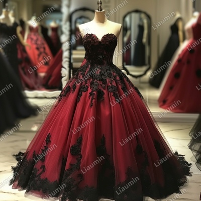 Red and Black Lace Applique Strapless Full Length Tull Prom Dress Evening Dress Custom Hand Made J4-2.1