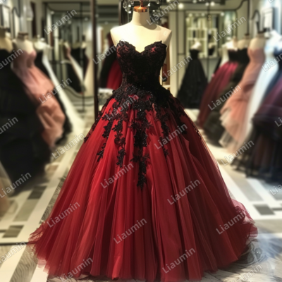 Red and black lace applique strapless full length tull prom dress evening dress custom hand made j4-2.2