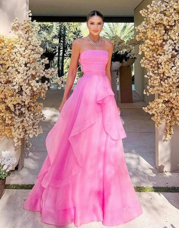 Pink A Line Strapless Jacquard Long Prom Dresses With Slit