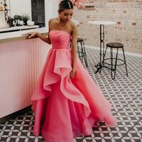 Light Pink A Line Strapless Thigh-High Slit  Organza Prom Dress - Thumbnail 2