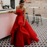 Light Pink A Line Strapless Thigh-High Slit  Organza Prom Dress - Thumbnail 3