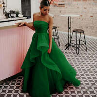 Light Pink A Line Strapless Thigh-High Slit  Organza Prom Dress - Thumbnail 4