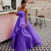 Light Pink A Line Strapless Thigh-High Slit  Organza Prom Dress - Thumbnail 6