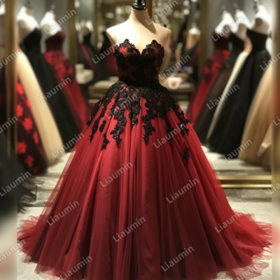 Red and black lace applique strapless full length tull prom dress evening dress custom hand made j4-2.3