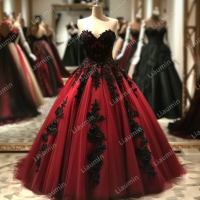 Red and black lace applique strapless full length tull prom dress evening dress custom hand made j4-2.4